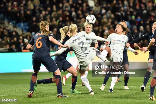Maria Thorisdottir and Drew Spence of Chelsea during the women's Champions League match, round of 8, between Montpellier and Chelsea on March 21,...