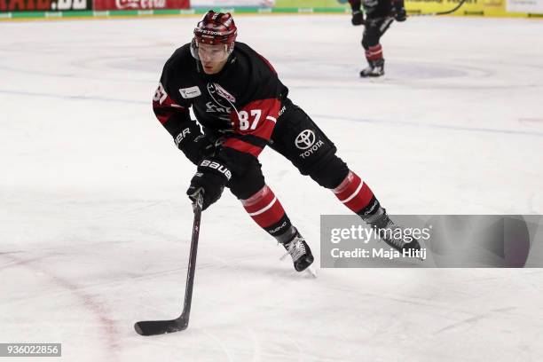 Philip Gogulla of Koelner Haie with the puck during the Koelner Haie and Thomas Sabo Ice Tigers DEL Playoffs Quarter Final Game 4 at Lanxess Arena on...