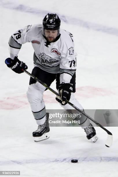 John Mitchell of Thomas Sabo Ice Tigers controls the puck during the Koelner Haie and Thomas Sabo Ice Tigers DEL Playoffs Quarter Final Game 4 at...