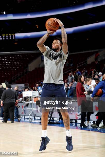 Ben McLemore of the Memphis Grizzlies shoots the ball during warm ups prior to the game against the Philadelphia 76ers on March 21, 2018 at the Wells...