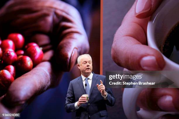 Starbucks CEO Kevin Johnson speaks during the Starbucks Annual Shareholders Meeting at McCaw Hall, on March 21, 2018 in Seattle, Washington. The...