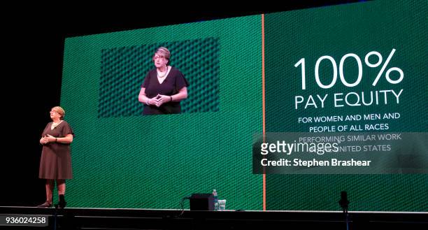 Starbucks executive vice president and chief partner officer Lucy Helm speaks during the Starbucks Annual Shareholders Meeting at McCaw Hall, on...