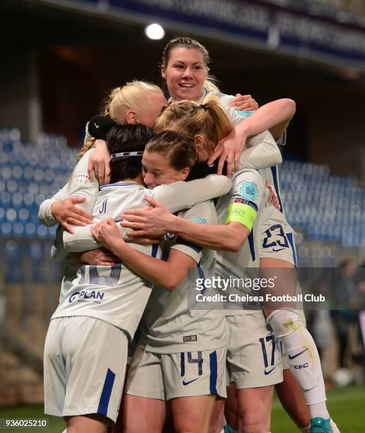 Ji So Yun of Chelsea celebrates with her team mates after she scores to make it 2-0 during a UEFA Champions League Quarter Final match between...