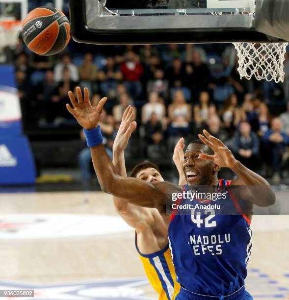 Bryant Dunston of Anadolu Efes in action against Marko Todorovic of Khimki during the Turkish Airlines Euroleague week 27 basketball match between...