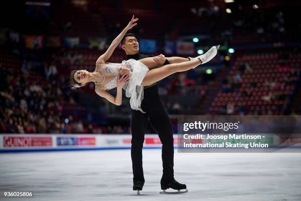 Xiaoyu Yu and Hao Zhang of China compete in the Pairs Short Program during day one of the World Figure Skating Championships at Mediolanum Forum on...