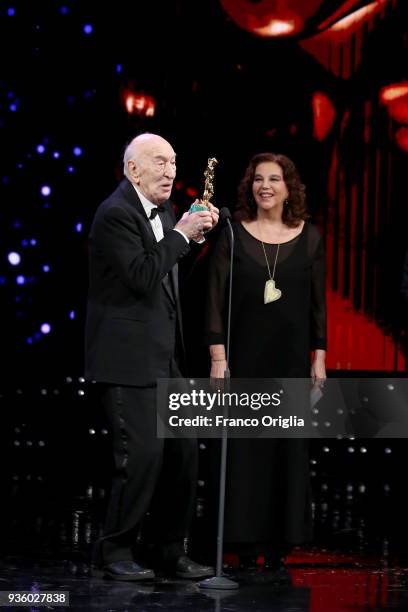 Giuliano Montaldo receives the Best Supporting Actor Award from Stefania Sandrelli during the 62nd David Di Donatello awards ceremony on March 21,...