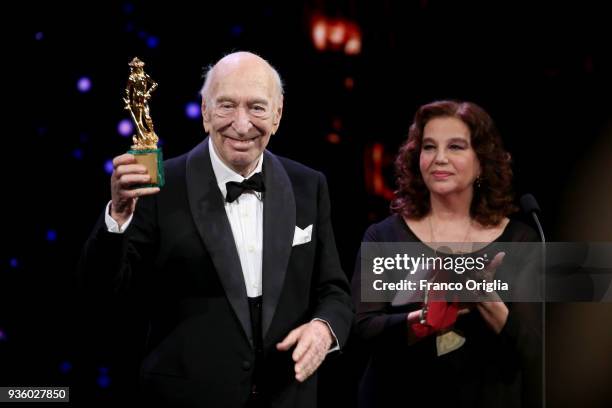 Giuliano Montaldo receives the Best Supporting Actor Award from Stefania Sandrelli during the 62nd David Di Donatello awards ceremony on March 21,...