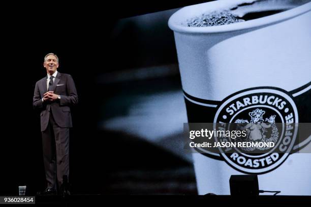 Starbucks Executive Chairman Howard Schultz speaks at the Starbucks Annual Meeting of Shareholders at McCaw Hall in Seattle, Washington on March 21,...