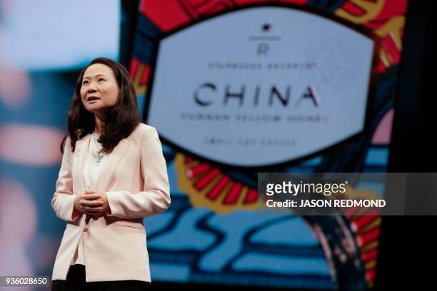 Belinda Wong, Chief Executive Officer Starbucks China, speaks at the Starbucks Annual Meeting of Shareholders at McCaw Hall in Seattle, Washington on...