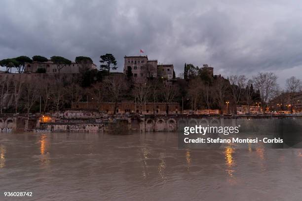 The high level of Tiber river at Lungotevere Aventino on March 21, 2018 in Rome, Italy. In the measuring station the level of the Tiber river reached...
