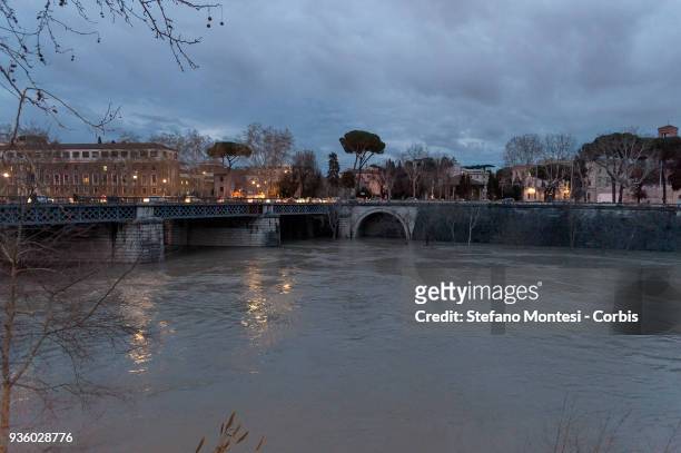 The high level of Tiber river near Ponte Palatino on March 21, 2018 in Rome, Italy. In the measuring station the level of the Tiber river reached a...
