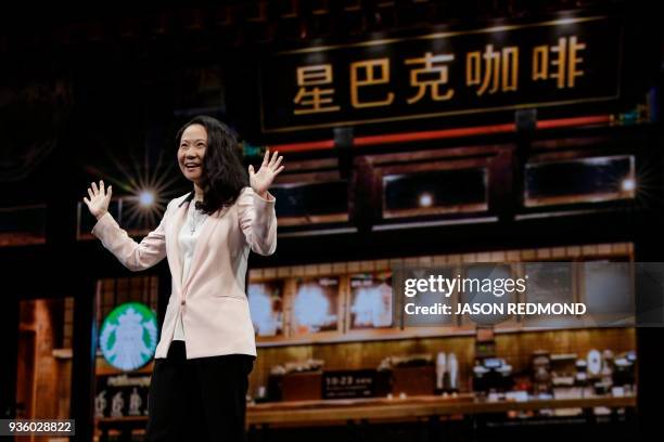 Belinda Wong, Chief Executive Officer Starbucks China, speaks at the Starbucks Annual Meeting of Shareholders at McCaw Hall in Seattle, Washington on...