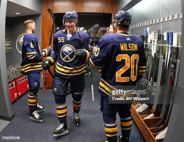 Rasmus Ristolainen of the Buffalo Sabres prepares to take the ice before an NHL game against the Arizona Coyotes on March 21, 2018 at KeyBank Center...