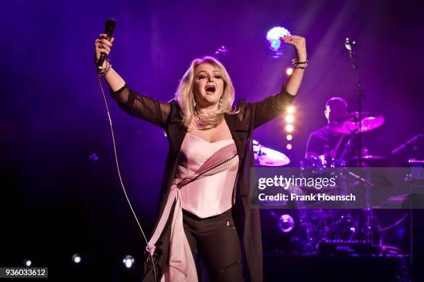 British singer Bonnie Tyler performs live on stage during a concert at the Friedrichstadtpalast on March 21, 2018 in Berlin, Germany.