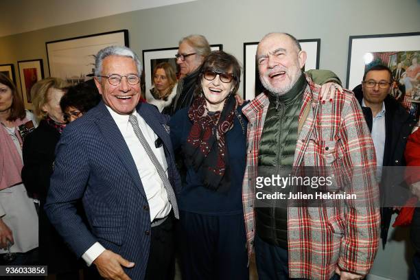 Photographer Jean Marie Perier, his sister Anne Marie Perier and Christian Lacroix attend the Jean Marie Perier's Exhibition at Photo 12 In Paris on...