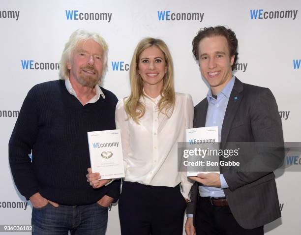 Sir Richard Branson, Dr. Holly Branson and Craig Kielburger at the "WEconomy" book launch on March 21, 2018 in New York City.