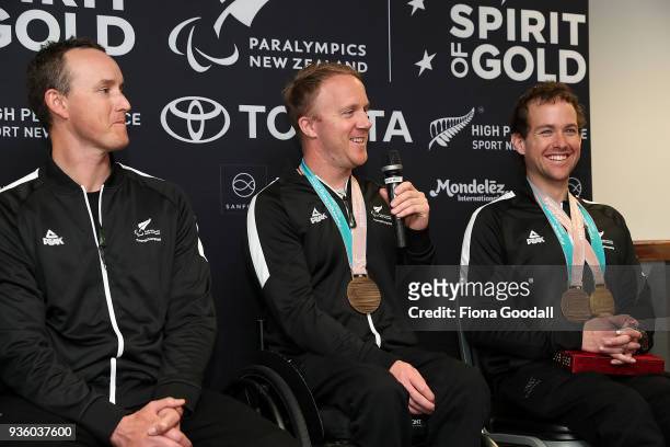 Winter Paralympic athletes, snowboarder Carl Murphy and skiers Corey Peters and Adam Hall speak during the New Zealand Paralympic Winter Games Team...
