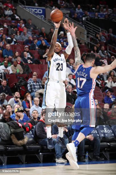 Ben McLemore of the Memphis Grizzlies shoots the ball during the game against the Philadelphia 76ers on March 21, 2018 at the Wells Fargo Center in...