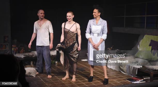 Declan Bennett, Samuel Barnett and Grace Cookey-Gam take the curtain call at the press night performance of "Kiss Of The Spider Woman" at The Menier...