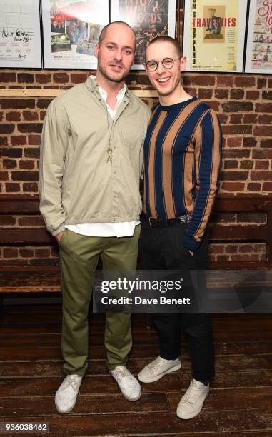 Declan Bennett and Samuel Barnett attends the press night performance of "Kiss Of The Spider Woman" at The Menier Chocolate Factory on March 21, 2018...