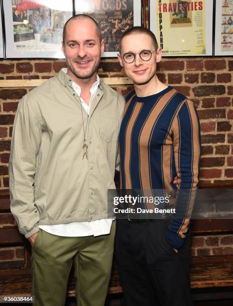 Declan Bennett and Samuel Barnett attends the press night performance of "Kiss Of The Spider Woman" at The Menier Chocolate Factory on March 21, 2018...