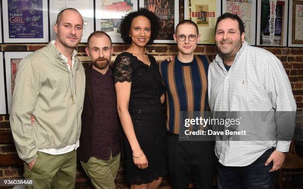 Declan Bennett, Laurie Sansom, Grace Cookey-Gam, Samuel Barnett and David Babani attend the press night performance of "Kiss Of The Spider Woman" at...