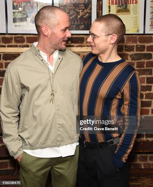 Declan Bennett and Samuel Barnett attends the press night performance of "Kiss Of The Spider Woman" at The Menier Chocolate Factory on March 21, 2018...