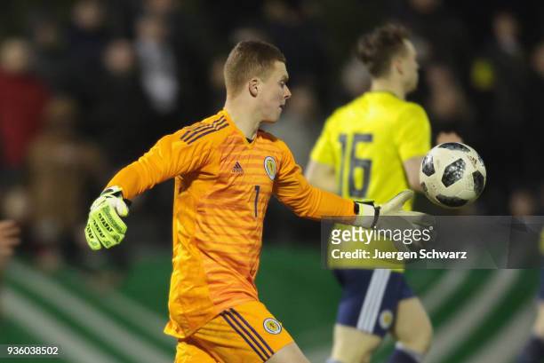 Goalkeeper Kieran Wright of Scotland grabs the ball during the Under 19 Euro Qualifier between Germany and Scotland on March 21, 2018 in Lippstadt,...