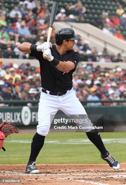 Mikie Mahtook of the Detroit Tigers bats during the Spring Training game against the Washington Nationals at Publix Field at Joker Marchant Stadium...