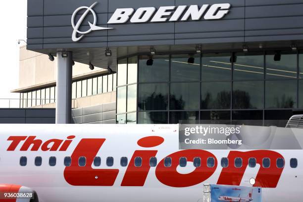 Lion Air Group livery is displayed on the fuselage of a Boeing Co. 737 Max 9 aircraft during a ceremony at the Boeing delivery center in Seattle,...