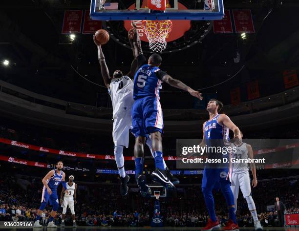 JaMychal Green of the Memphis Grizzlies puts up the layup against the Philadelphia 76ers at Wells Fargo Center on March 21, 2018 in Philadelphia,...