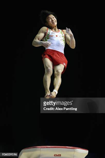 Shogo Nonomura of Japan competes on the vault during day one of the 2018 Gymnastics World Cup at Arena Birmingham on March 21, 2018 in Birmingham,...