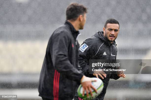 Bryn Hall looks on during the Crusaders Super Rugby captain's run at AMI Stadium on March 22, 2018 in Christchurch, New Zealand.
