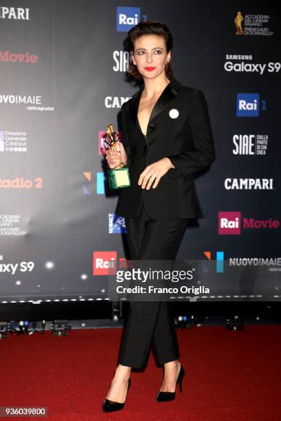 Jasmine Trinca poses with the Best Actress Award at the end of the 62nd David Di Donatello awards ceremony on March 21, 2018 in Rome, Italy.