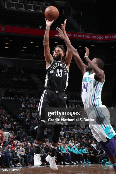 Allen Crabbe of the Brooklyn Nets shoots the ball against the Charlotte Hornets on March 21, 2018 at Barclays Center in Brooklyn, New York. NOTE TO...