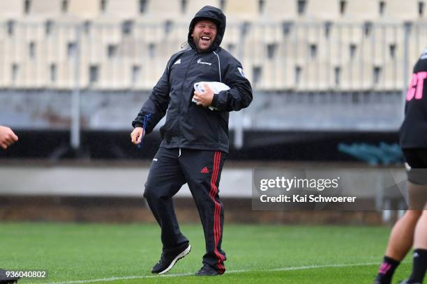 Assistant Coach Jason Ryan reacting during the Crusaders Super Rugby captain's run at AMI Stadium on March 22, 2018 in Christchurch, New Zealand.