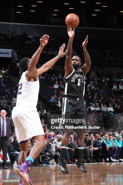 Quincy Acy of the Brooklyn Nets shoots the ball against the Charlotte Hornets on March 21, 2018 at Barclays Center in Brooklyn, New York. NOTE TO...