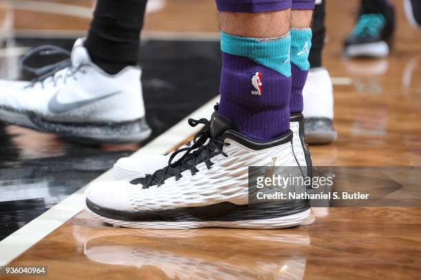 The sneakers of Frank Kaminsky of the Charlotte Hornets during the game against the Brooklyn Nets on March 21, 2018 at Barclays Center in Brooklyn,...