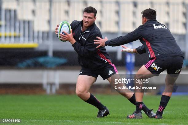 Jack Stratton charges forward during the Crusaders Super Rugby captain's run at AMI Stadium on March 22, 2018 in Christchurch, New Zealand.