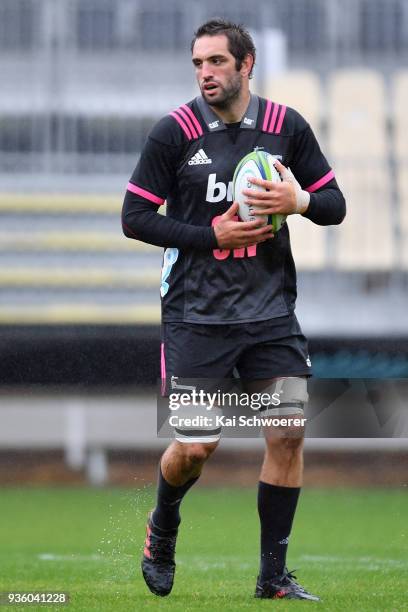 Samuel Whitelock charges forward during the Crusaders Super Rugby captain's run at AMI Stadium on March 22, 2018 in Christchurch, New Zealand.