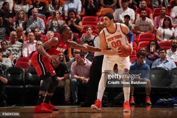 Enes Kanter of the New York Knicks handles the ball during the game against the Miami Heat on March 21, 2018 at American Airlines Arena in Miami,...
