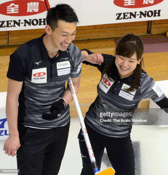 Chinami Yoshida and Tetsuro Shimizu talk on day three of the 11th All Japan Mixed Curling Championship at the Michigin Dream Stadium on March 16,...