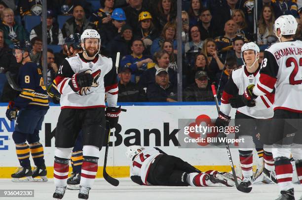 Derek Stepan of the Arizona Coyotes celebrates his first period goal against the Buffalo Sabres during an NHL game on March 21, 2018 at KeyBank...