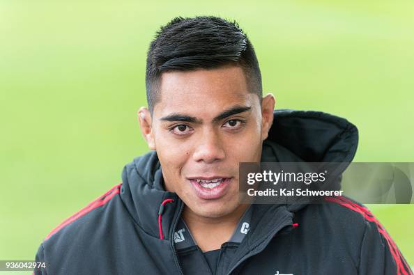 Michael Alaalatoa speaks to the media prior to the Crusaders Super