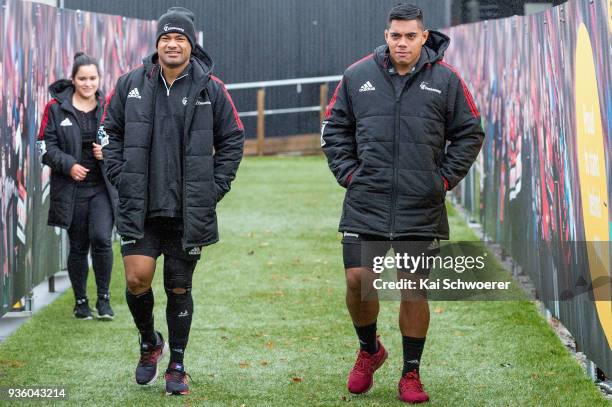 Jordan Taufua and Michael Alaalatoa look on prior to the Crusaders Super Rugby captain's run at AMI Stadium on March 22, 2018 in Christchurch, New...