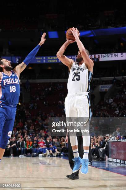 Chandler Parsons of the Memphis Grizzlies shoots the ball during the game against the Philadelphia 76ers on March 21, 2018 at the Wells Fargo Center...