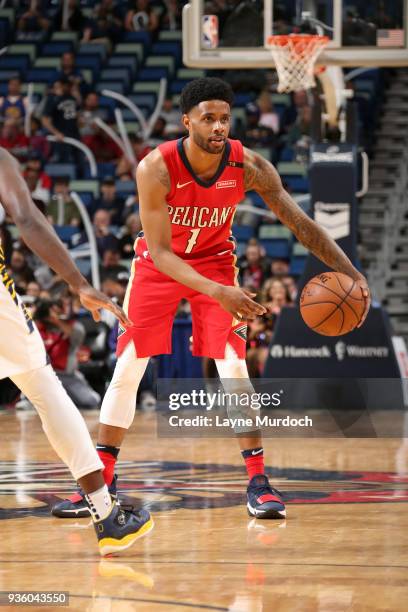 Larry Drew II of the New Orleans Pelicans handles the ball against the Indiana Pacers on March 21, 2018 at Smoothie King Center in New Orleans,...