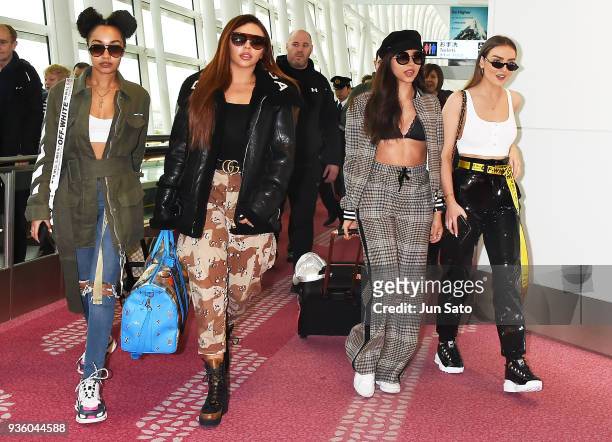 Leigh-Anne Pinnock, Jesy Nelson, Jade Thirlwall and Perrie Edwards of Little Mix seen upon arrival at Haneda Airport on March 22, 2018 in Tokyo,...