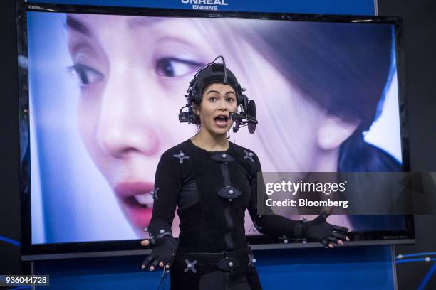 An exhibitor demonstrates the Cubic Motion Ltd. Digital facial animation technology during the Game Developers Conference in San Francisco,...