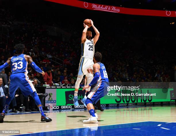 Chandler Parsons of the Memphis Grizzlies puts up the shot against the Philadelphia 76ers at Wells Fargo Center on March 21, 2018 in Philadelphia,...